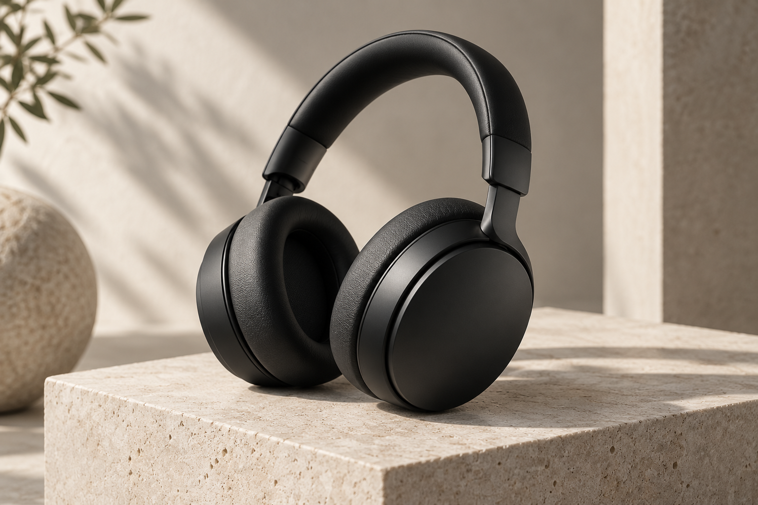 Illustrative black over-ear headphones on a stone surface
